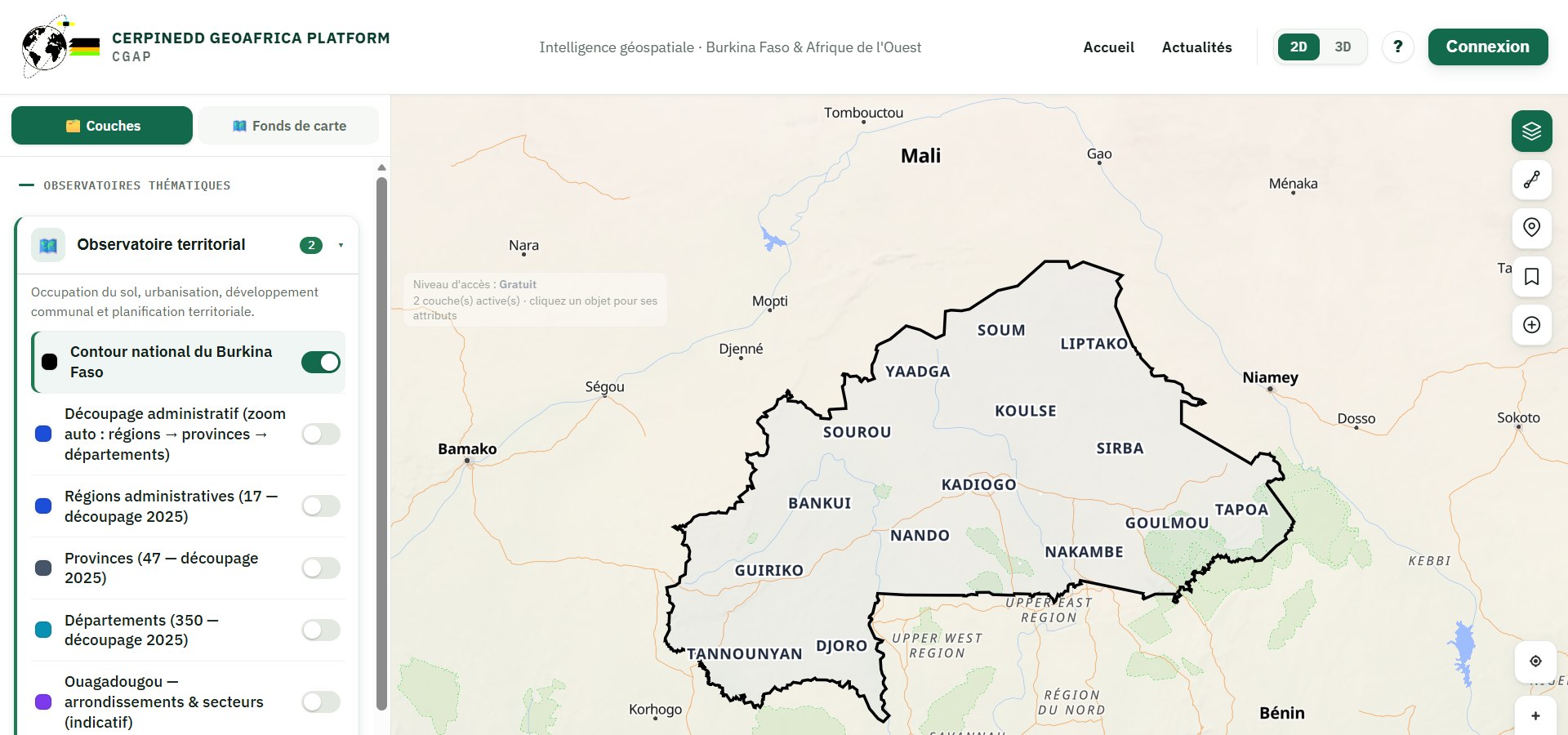 Capture de la plateforme CGAP : carte du Burkina Faso et de ses 17 régions dans le géoportail
